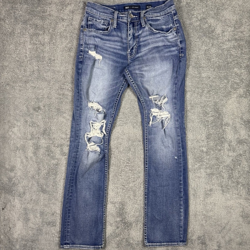 BKE Jake Jeans Mens 30x32 Straight Buckle Whisker Medium Distressed Denim Cowboy